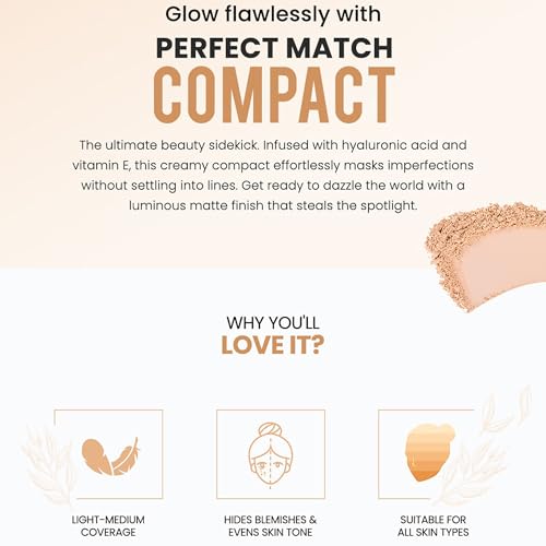 Colorbar Perfect Match Compact 002 Nude Beige - Pressed Powder Foundation with Hyaluronic Acid & Vitamin E (Light-Medium Coverage) 0.3 oz