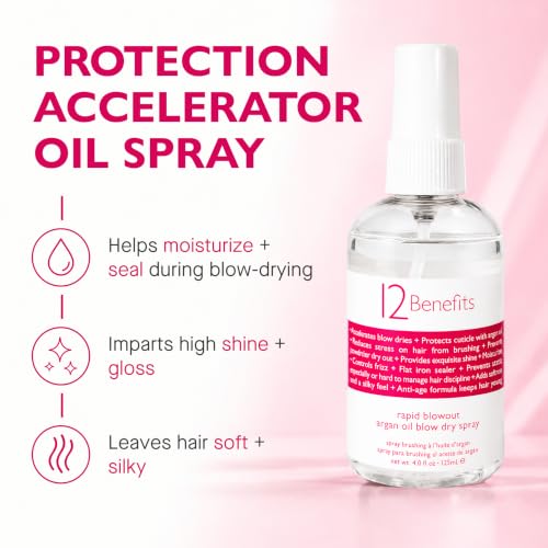 12 Benefits Rapid Blowout Argan Oil Spray - Heat Protectant & Frizz Control 4 oz