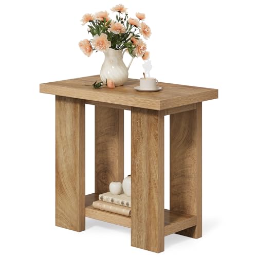 Light Brown 2-Tier Farmhouse End Table with Storage Shelves - LITTLE TREE