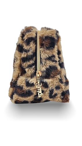 Faux Fur Makeup Bag with Leopard Print - Travel Cosmetic Organizer