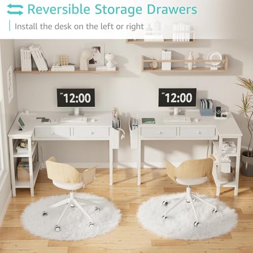 DLisiting White 39.4-Inch L-Shaped Corner Desk with Drawers & Shelves