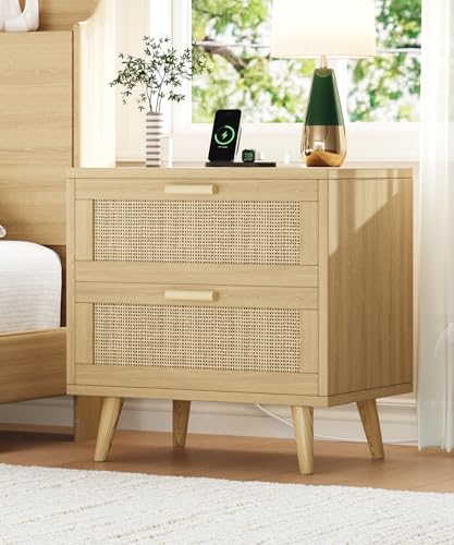 Keehusux 23.6-Inch Rattan Nightstand with Charging Station & Two Drawers
