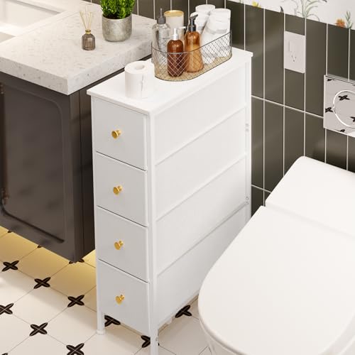 Fixwal Narrow Storage Cabinet - Slim White Dresser with 4 Fabric Drawers, 16.5 x 9.5 x 29.5 Inches