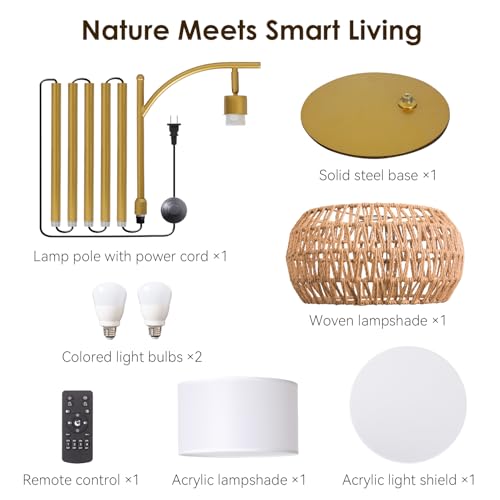 Boho Gold Rattan Floor Lamp with Remote Dimmable 2700K-6000K, Adjustable Height 165-172cm — Wicker & Fabric Shade, 2-in-1 Lighting for Living Room & Bedroom - Variation: Boho Gold