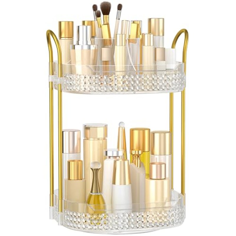 360 Rotating Makeup Organizer 2 Tier, Large Skincare Clear Make Up Storage Spinning Perfume Organizers for Bathroom Counter Dresser, White