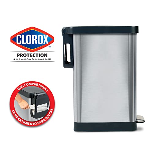 Glad Stainless Steel Slim Trash Can with Clorox Odor Protection, Soft Close Lid, 45 Liter
