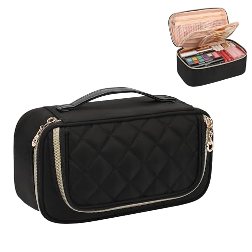 OCHEAL Small Makeup Bag with Zipper Pouch,Portable Cute Travel Makeup Bag Pouch for Women Girls Makeup Brush Organizer Cosmetics Bags with Compartment-Nylon Black