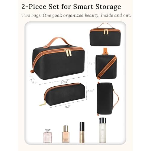 ALEXTINA Travel Makeup Bag, Large Capacity Cosmetic Bags for Women, 2Pcs Makeup Organizer Bag, Wide Open Flat Portable Pounch with Dividers, Waterproof Toiletry Bag for Women (Brown and Black)