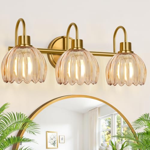 Meybiok Brushed Gold 3-Light Vanity Light with Amber Tulip Glass Shades – Bathroom Fixture