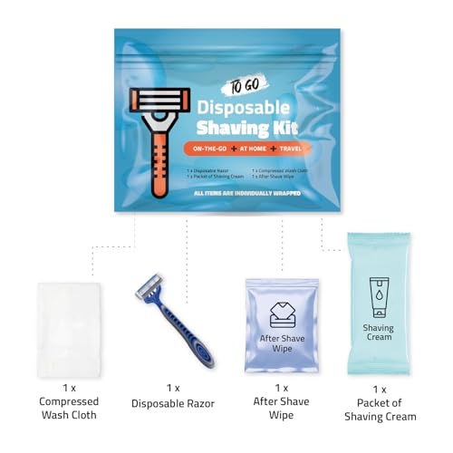 Shaving Kit with Razor, Shaving Cream, Washcloth & Aftershave Wipe ? Men¡¯s Travel Shave Set for Hotels, Shelters & Outreach ? Disposable Grooming Pack (Blue) (10)
