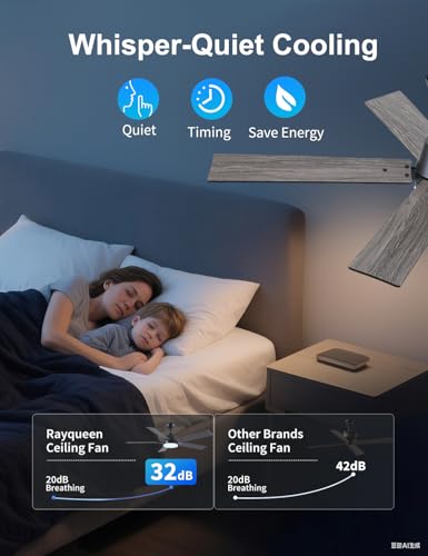 Rayqueen 52-Inch Black Ceiling Fan with Lights & Remote, Downrod Mount, Modern Design