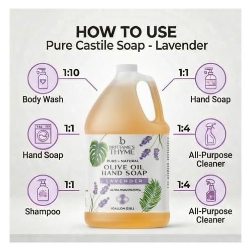 Brittanie's Pure Organic Castile Liquid Olive Oil Soap Refill | Face, Body Wash, Dishes, Pets & Laundry | Vegan & Gluten Free Non-GMO (Lavender 1 Gallon)