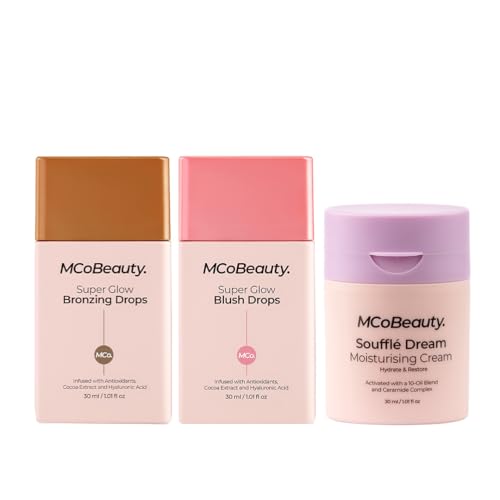 MCoBeauty - Super Face Bundle - Super Glow Bronzing Drops, Super Glow Blush Drops & Souffle Dream Moisturizing Cream - Vegan, Cruelty-Free Cosmetics - Pack of 3 - Christmas Gifts, Stocking Fillers