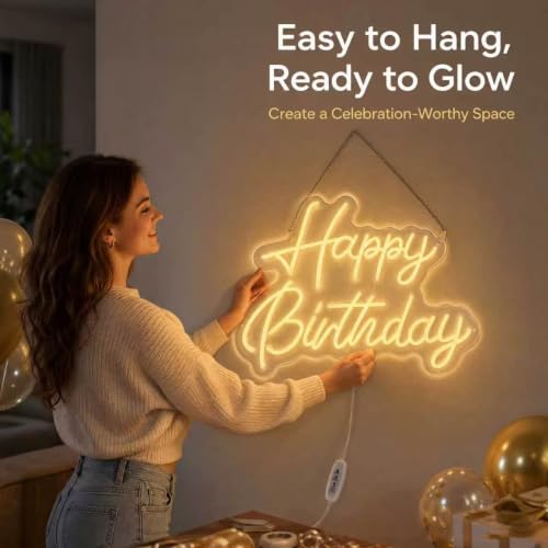Happy Birthday Neon Sign 22x16.9in Dimmable Warm White LED Light - 12V Version