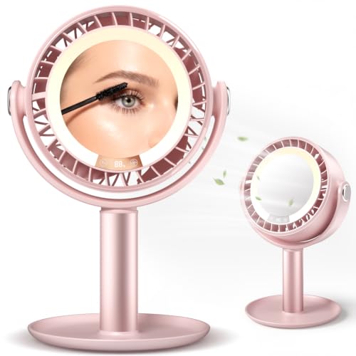 Pink 3-in-1 Makeup Fan with Mirror & LED Light, Face Cooling Fan for Skincare & Lash