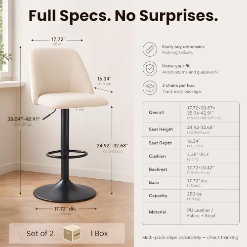 COLAMY Beige Adjustable Upholstered Counter Height Bar Stools Set of 2