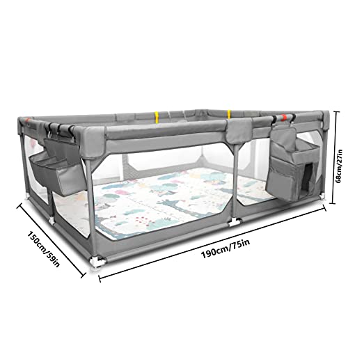 JINXIA Extra Large Baby Playpen with Mat 75x59in Grey, BPA-Free Safety Play Yard