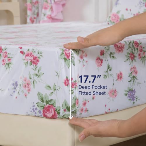 FADFAY Cotton Queen Bed Sheets Set with Rose Floral Print, 4-Piece, Bulgaria Rose Variation