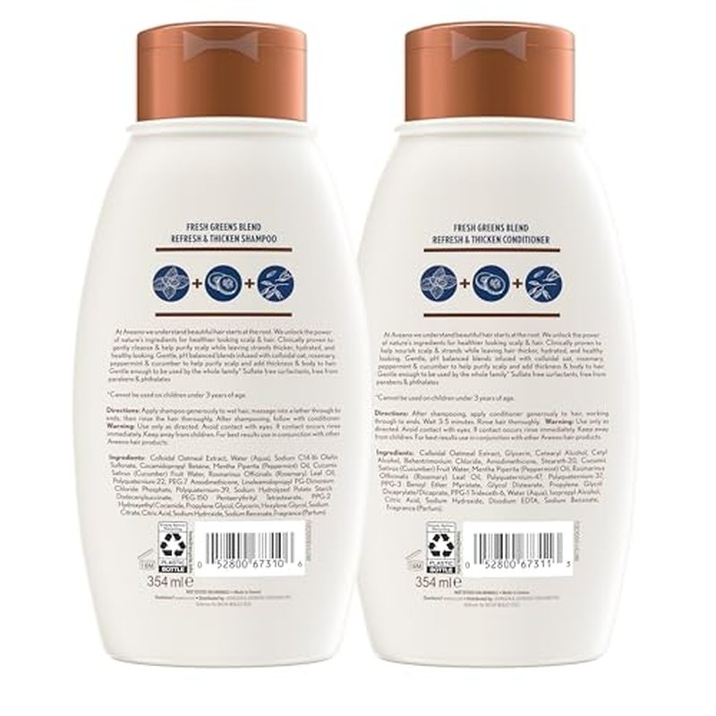 Aveeno Fresh Greens Shampoo and Conditioner Set, Sulfate Free, Clarifying & Volumizing for Thin or Fine Hair, Rosemary Peppermint Cucumber Nourish & Thicken, Color Safe Paraben Free, 12 Fl Oz, 2 Count