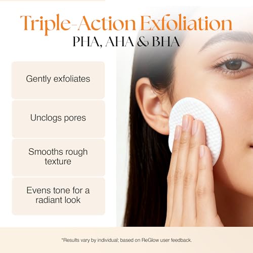 ReGlow EpiClear Exfoliating Toner Pads with PHA, AHA, BHA & Niacinamide - Pore Refining & Hydrating Facial Pads, 60 Count