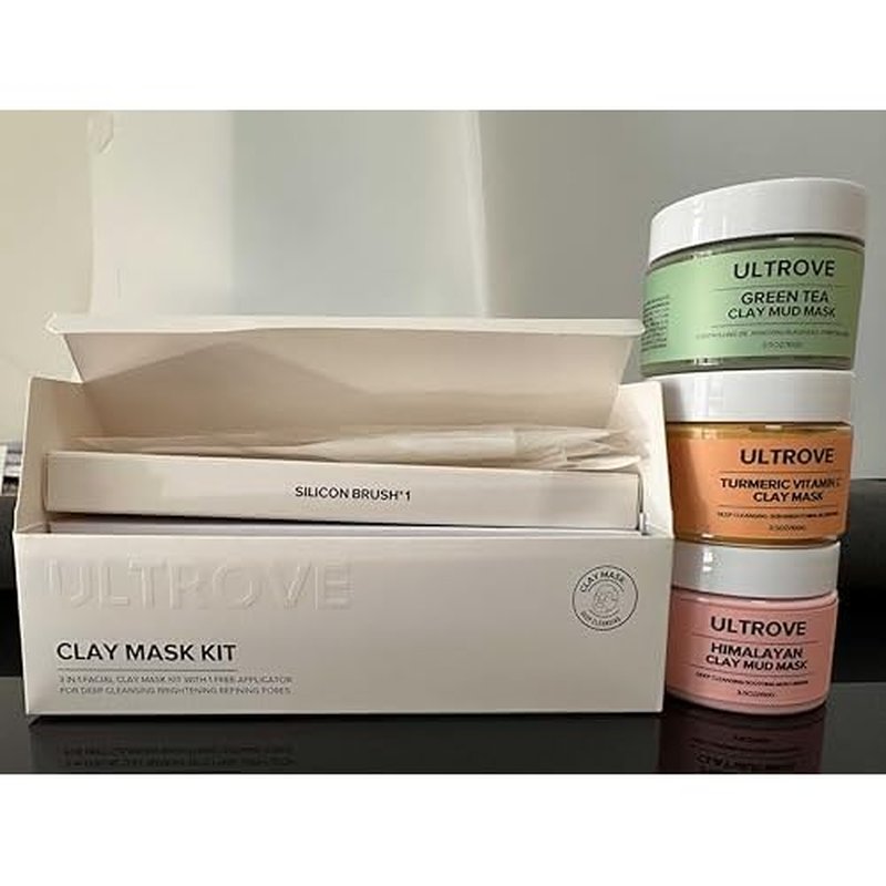 3-in-1 Clay Mask Set for Face | Green Tea, Turmeric Vitamin C & Himalayan Pink Clay | Deep Cleansing, Pore Refining, Moisturizing Facial Mask Kit (3.5oz Each) + Silicone Brush