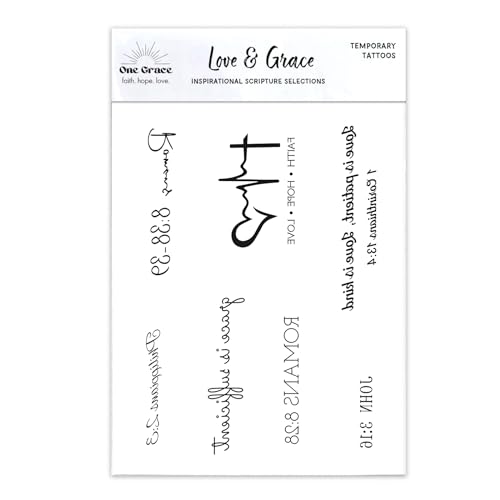 One Grace Love and Grace Christian Temporary Tattoos - Inspirational Scripture Selections - Christian Motivational Bible Verse Words and Cross Tattoos