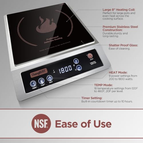 ChangBERT 1800W Induction Cooktop with Large Coil Burner, NSF Certified