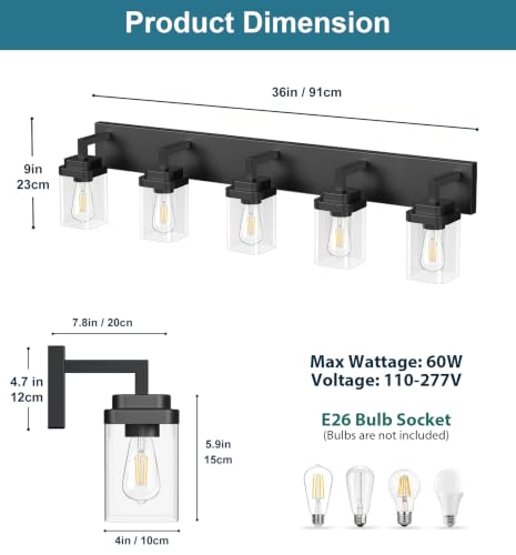 Matte Black Bathroom Light Fixtures - 5-Light Modern Vanity with Clear Glass Shades - Black / 5-Light