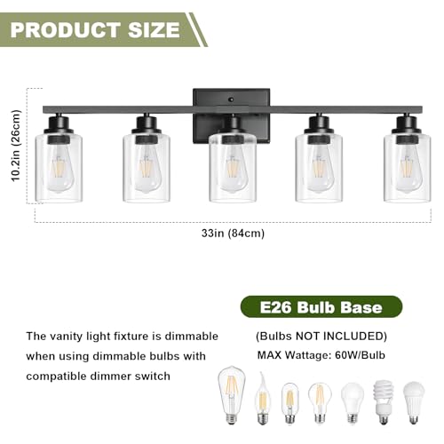 Black 5-Light Bathroom Vanity Light Fixture with Clear Glass Shades - Up & Down Mounting