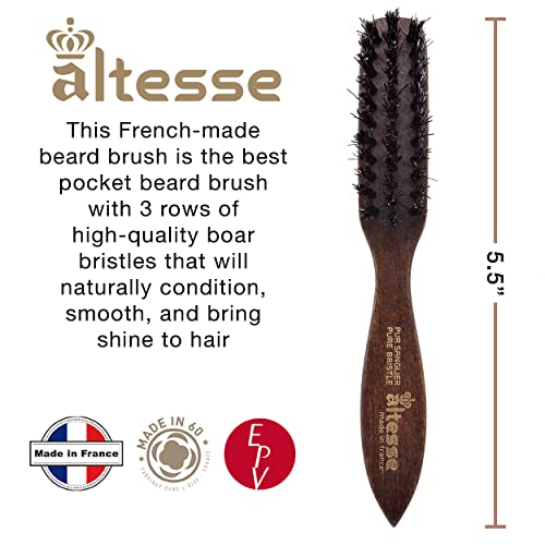 Altesse 320 PM Boar Bristle Beard Brush for Men Beard and Mustache Beard Grooming Kit Dark Beechwood Small Beard Brush Mini with 3 Rows of 100% Firm Boars Hair Beard Brush (5.5") Handmade in France