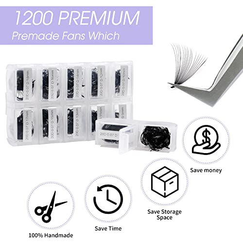 WENDY Premade Fans Eyelash Extensions 1200PCS Eyelash Extension 20D Volume Lash Extensions Loose Promade Fans 0.07D Curl Mixed 9-20mm Pointed Base Pre Made Lashes(1200PCS-20D-0.07-D, 9-20mm mixed)