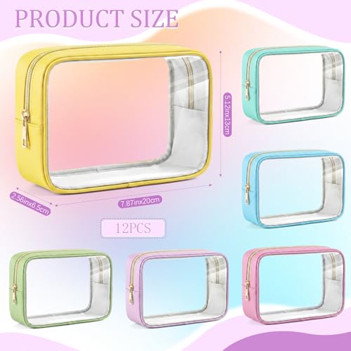 12 Pack Clear Makeup Toiletry Bags with Zippers - Macaron Colors, Waterproof & TSA Approved