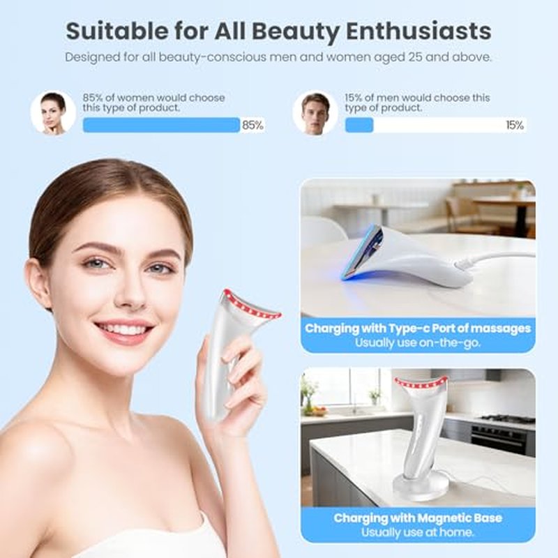 7 Color Light Face and Neck Massager Tool of Double Chin Reducer, Facial Massager with Adjustable Vibration and Thermals for Wrinkles Face Sculpting Tool with Base (White)
