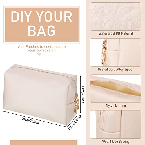 Preppy Patch Makeup Bag Set - Waterproof PU Leather Cosmetic Pouches for Travel, White & Gold