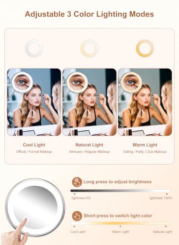 Magnifying Makeup Mirror with Light - 10x Magnification, Adjustable Brightness, Gooseneck, Silver, 7.5 x 7.5 Inches