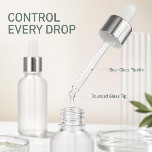 PrettyCare 1oz Frosted Glass Eye Dropper Bottles 24 Pack with Leakproof Silver Caps & Labels
