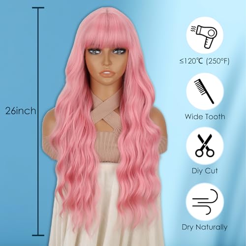 Pink Wavy Wig with Bangs - 26 Inch Long Curly Synthetic Wig for Women Girls - Variation: Pink