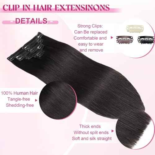 Clip in Hair Extensions Real Human Hair, 20 Inch 105g 100% Remy Human Hair Clip in Extensions for Women, Invisible Straight Seamless Clip ins Hair Extensions 8pcs Double Weft #1B Natural Black