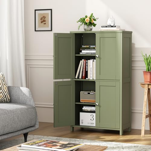 Bathroom Storage Cabinet with 4 Doors & Adjustable Shelves - Green