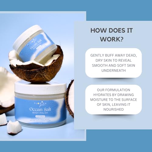 Sea Salt Body Scrub by Florida Suncare - Ocean Salt Body Polish Infused with Marine Algae - Exfoliating Face and Body Scrub - Facial Scrub Exfoliator to Tackle Acne (Coconut, 3.3 oz)
