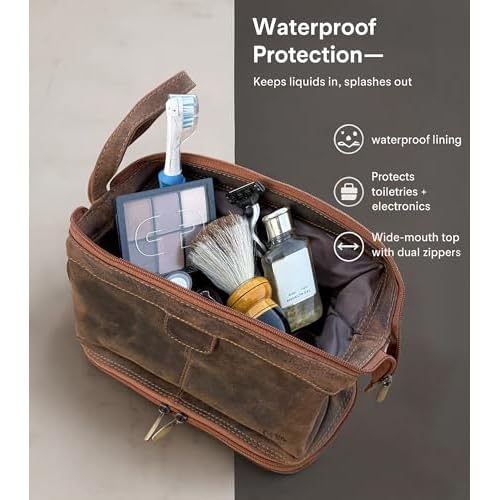 RUSTIC TOWN Leather Toiletry Bag for Men - Travel Gift Shaving Ditty Kit - Bathroom Shower Toiletries Organizer - Cosmetic Makeup Bag for Women