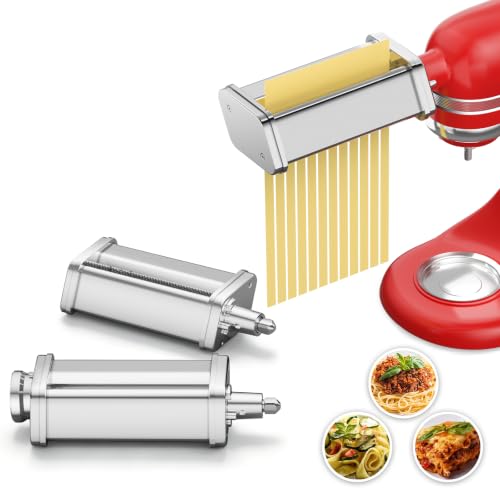 NEWSETS 3-Piece Pasta Maker Attachments for KitchenAid Stand Mixers - Stainless Steel, Adjustable Thickness, Fettuccine & Spaghetti Cutter, Variation 3