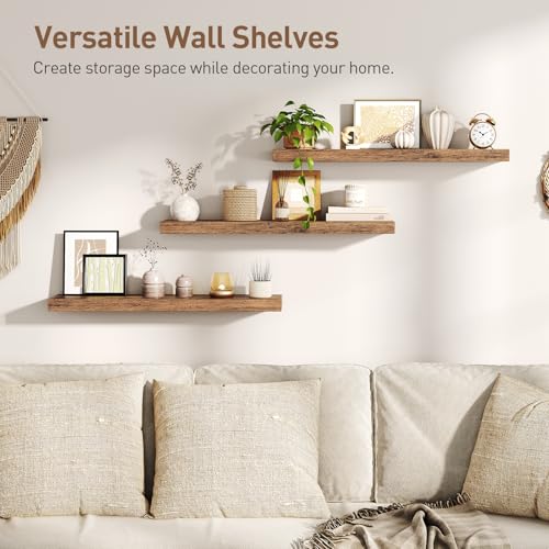 Rustic Brown Floating Wall Shelves Set of 3 - 31.5 Inch Thick Wall Storage with Invisible Brackets