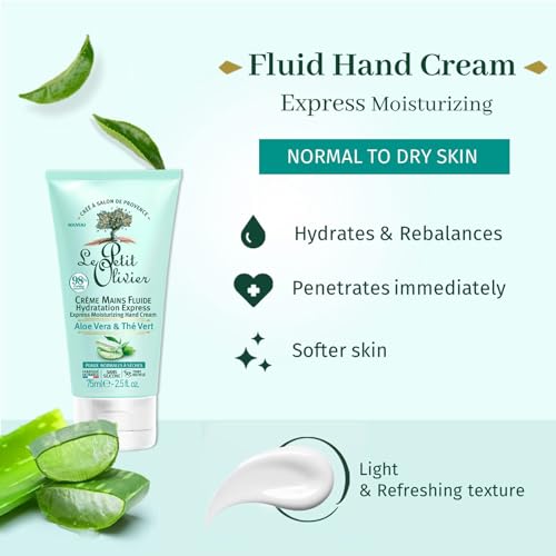 Le Petit Olivier Express Moisturizing Hand Cream - Aloe Vera And Green Tea - Express Moisturizing - No Greasy Or Sticky Feeling - Skin Is Soft And Silky - For Normal To Dry Skin - 2.5 Oz