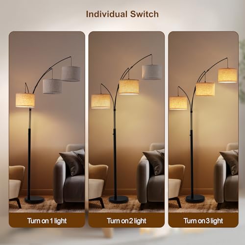 3 Light Arc Floor Lamp with Remote Control - Beige Shade & Black Pole, Adjustable & Dimmable