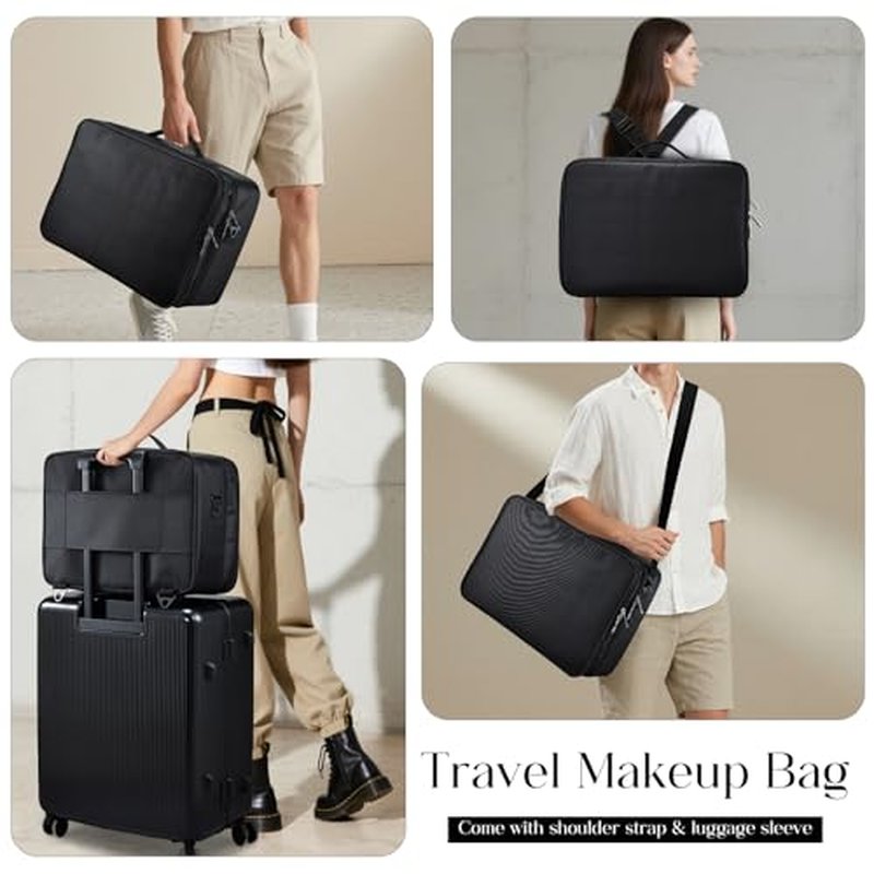 Adazzo Large Makeup Bag, 3 Layers 17¡± Makeup Case Organizer with Mirror Professional Cosmetic Storage Backpack Box Travel Artist Carrying Vanity Bags with Brush Slot/Shoulder Strap/Attach to Suitcase