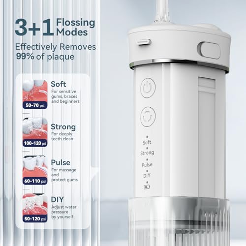 JTF Portable Water Flosser for Travel - White, Compact Mini Design, 4 Cleaning Modes