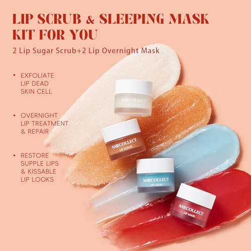 ANRCOLLECT Lip Scrub and Lip Mask Set- Lip Treatment Care Kit with 2 Lip Exfoliator Scrub & 2 Lip Butter Mask, Intense Hydration Set for Dry Chapped Cracked Lips (4 Pack), Valentines Day Gifts