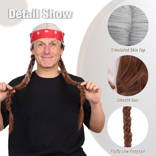 Gray with Brown Long Silvery Grey and Brown Pigtail Wig with Bandana Beard for Men Halloween Costume - Variation of THIS listing