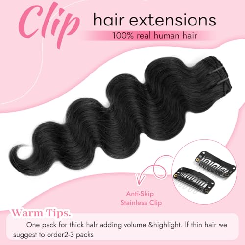 Clip in Hair Extensions 24 Inch Body Wave Jet Black 8pcs Brazilian Remy Human Hair